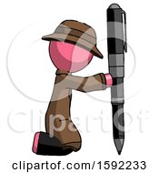 Poster, Art Print Of Pink Detective Man Posing With Giant Pen In Powerful Yet Awkward Manner