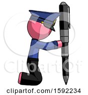 Pink Police Man Posing With Giant Pen In Powerful Yet Awkward Manner