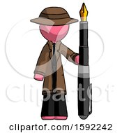 Poster, Art Print Of Pink Detective Man Holding Giant Calligraphy Pen