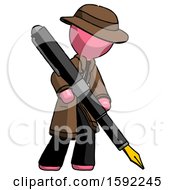 Poster, Art Print Of Pink Detective Man Drawing Or Writing With Large Calligraphy Pen