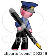 Pink Police Man Drawing Or Writing With Large Calligraphy Pen