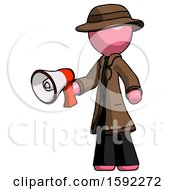 Poster, Art Print Of Pink Detective Man Holding Megaphone Bullhorn Facing Right