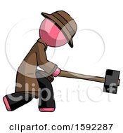 Poster, Art Print Of Pink Detective Man Hitting With Sledgehammer Or Smashing Something