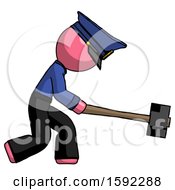 Poster, Art Print Of Pink Police Man Hitting With Sledgehammer Or Smashing Something
