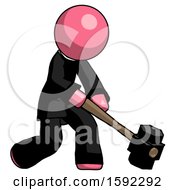Pink Clergy Man Hitting With Sledgehammer Or Smashing Something At Angle