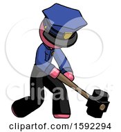 Poster, Art Print Of Pink Police Man Hitting With Sledgehammer Or Smashing Something At Angle