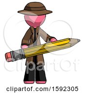 Pink Detective Man Writer Or Blogger Holding Large Pencil