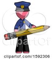 Poster, Art Print Of Pink Police Man Writer Or Blogger Holding Large Pencil