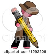Poster, Art Print Of Pink Detective Man Writing With Large Pencil