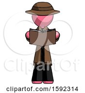 Poster, Art Print Of Pink Detective Man Reading Book While Standing Up Facing Viewer
