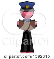 Poster, Art Print Of Pink Police Man Reading Book While Standing Up Facing Viewer