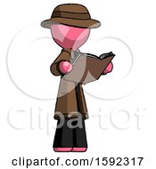 Poster, Art Print Of Pink Detective Man Reading Book While Standing Up Facing Away