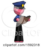 Poster, Art Print Of Pink Police Man Reading Book While Standing Up Facing Away