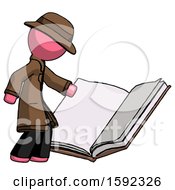 Poster, Art Print Of Pink Detective Man Reading Big Book While Standing Beside It