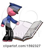 Poster, Art Print Of Pink Police Man Reading Big Book While Standing Beside It