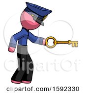 Pink Police Man With Big Key Of Gold Opening Something