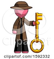 Pink Detective Man Holding Key Made Of Gold