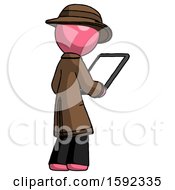 Poster, Art Print Of Pink Detective Man Looking At Tablet Device Computer Facing Away