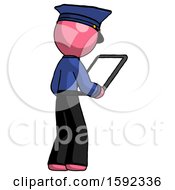 Poster, Art Print Of Pink Police Man Looking At Tablet Device Computer Facing Away