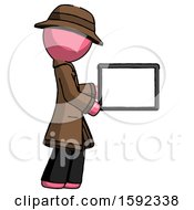 Poster, Art Print Of Pink Detective Man Show Tablet Device Computer To Viewer Blank Area