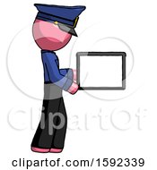 Poster, Art Print Of Pink Police Man Show Tablet Device Computer To Viewer Blank Area