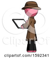 Poster, Art Print Of Pink Detective Man Looking At Tablet Device Computer With Back To Viewer