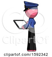 Poster, Art Print Of Pink Police Man Looking At Tablet Device Computer With Back To Viewer