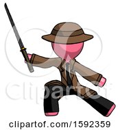Pink Detective Man With Ninja Sword Katana In Defense Pose