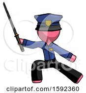 Poster, Art Print Of Pink Police Man With Ninja Sword Katana In Defense Pose