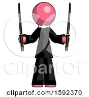 Pink Clergy Man Posing With Two Ninja Sword Katanas Up