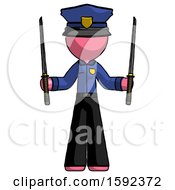 Poster, Art Print Of Pink Police Man Posing With Two Ninja Sword Katanas Up