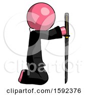 Poster, Art Print Of Pink Clergy Man Kneeling With Ninja Sword Katana Showing Respect