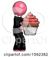 Poster, Art Print Of Pink Clergy Man Holding Large Cupcake Ready To Eat Or Serve