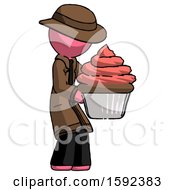 Poster, Art Print Of Pink Detective Man Holding Large Cupcake Ready To Eat Or Serve