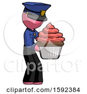 Poster, Art Print Of Pink Police Man Holding Large Cupcake Ready To Eat Or Serve
