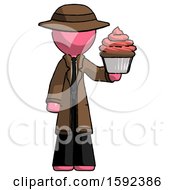 Pink Detective Man Presenting Pink Cupcake To Viewer