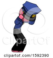 Poster, Art Print Of Pink Police Man With Headache Or Covering Ears Turned To His Right