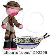 Poster, Art Print Of Pink Detective Man And Noodle Bowl Giant Soup Restaraunt Concept