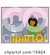 African American Woman Seated In Front Of A Computer At An Office Desk Smiling And Thinking Clipart Illustration by Andy Nortnik