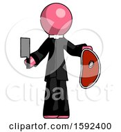 Poster, Art Print Of Pink Clergy Man Holding Large Steak With Butcher Knife