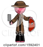 Poster, Art Print Of Pink Detective Man Holding Large Steak With Butcher Knife