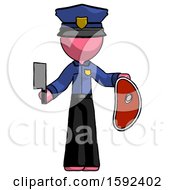 Poster, Art Print Of Pink Police Man Holding Large Steak With Butcher Knife