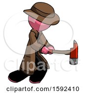 Poster, Art Print Of Pink Detective Man With Ax Hitting Striking Or Chopping