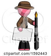 Poster, Art Print Of Pink Detective Man Holding Large Envelope And Calligraphy Pen