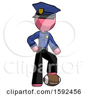 Poster, Art Print Of Pink Police Man Standing With Foot On Football