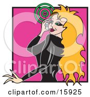 Sexy Blond Woman With Long Hair Wearing A Black Rubber Suit And Talking On A Cellphone Looking Back Over Her Shoulder Clipart Illustration