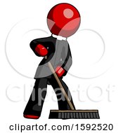 Poster, Art Print Of Red Clergy Man Cleaning Services Janitor Sweeping Floor With Push Broom