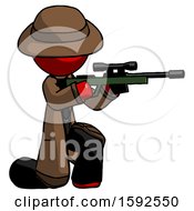 Poster, Art Print Of Red Detective Man Kneeling Shooting Sniper Rifle