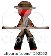 Red Detective Man Bo Staff Kung Fu Defense Pose