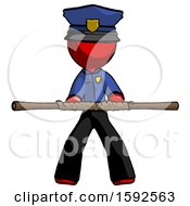 Red Police Man Bo Staff Kung Fu Defense Pose